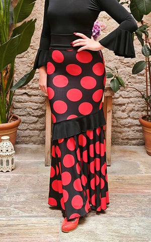 Black Flamenco Skirt with Large Red Polka Dots