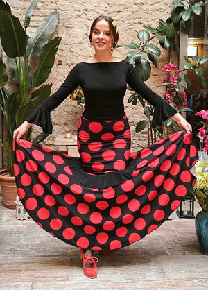 Black Flamenco Skirt with Large Red Polka Dots