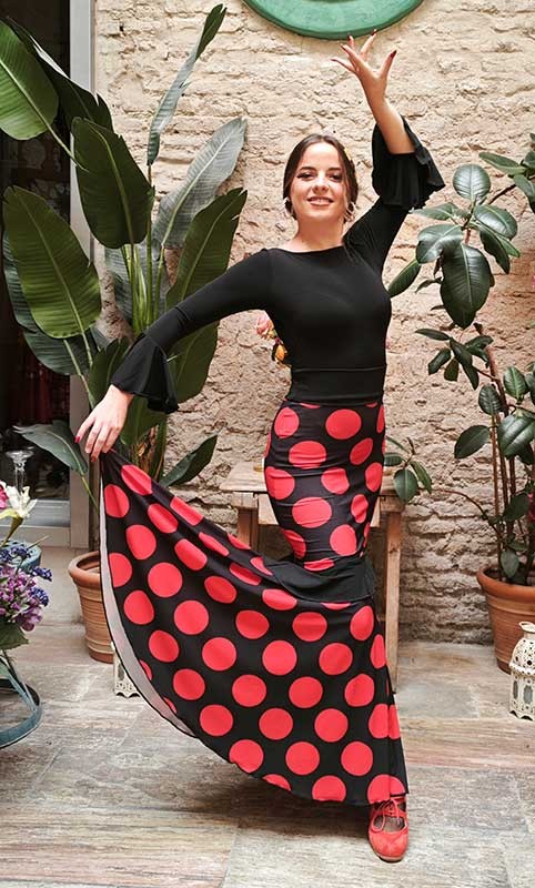 Black Flamenco Skirt with Large Red Polka Dots