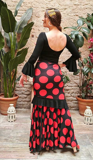 Black Flamenco Skirt with Large Red Polka Dots