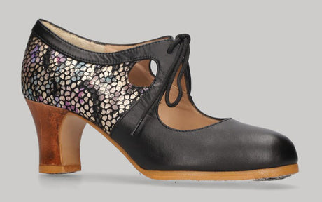 Zapato de baile flamenco profesional piel  negro y fantasía con cordones