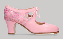 Zapato de baile flamenco profesional piel rosa y fantasía con cordones