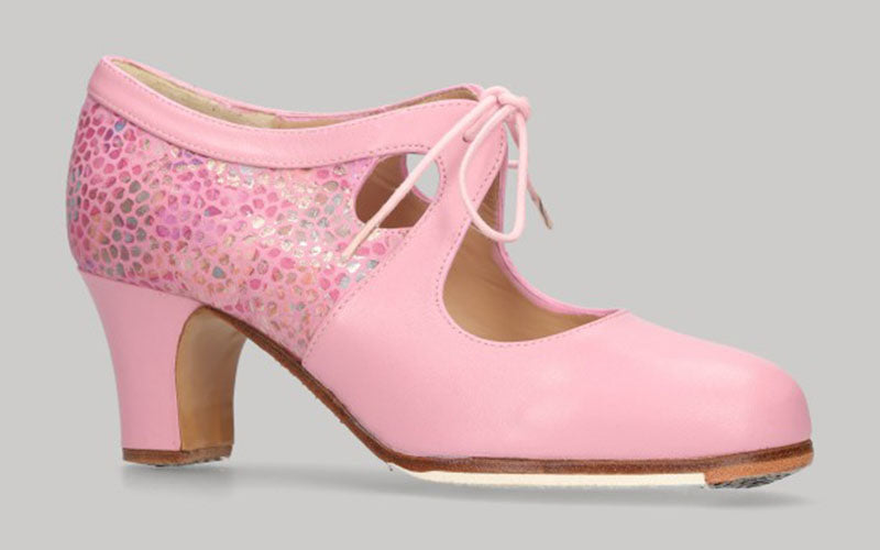 Zapato de baile flamenco profesional piel rosa y fantasía con cordones