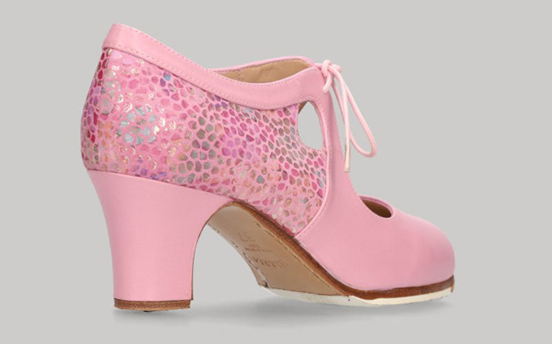 Zapato de baile flamenco profesional piel rosa y fantasía con cordones