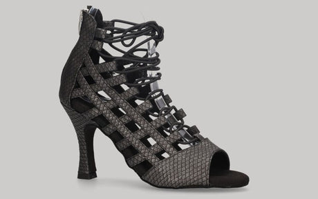Zapato tipo botín para baile de salón gris antracita calado con cierre cremallera en el talón y cordón elástico