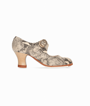 Professional flamenco dance shoe in beige snakeskin fantasy leather