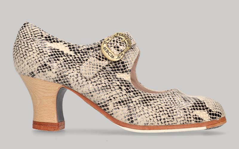 Zapato de baile flamenco profesional en piel fantasía serpiente beige