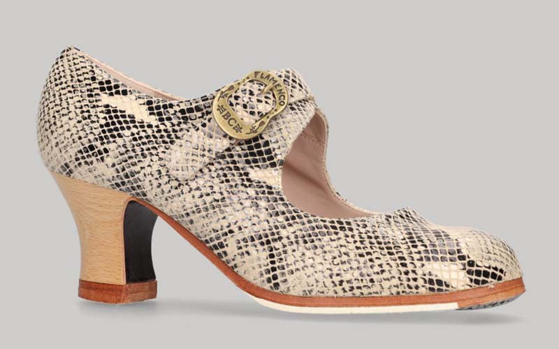 Zapato de baile flamenco profesional en piel fantasía serpiente beige