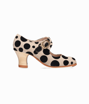 Chaussure de danse flamenco professionnelle en cuir suédé os à pois noirs