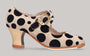 Chaussure de danse flamenco professionnelle en cuir suédé couleur os à pois noirs