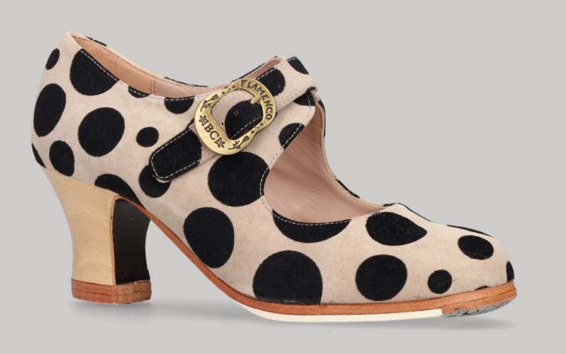 Chaussure de danse flamenco professionnelle en cuir suédé os à pois noirs