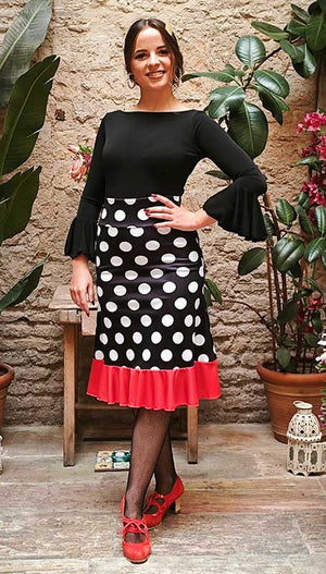 Short Black Flamenco Skirt with White Polka Dots and Red Ruffle