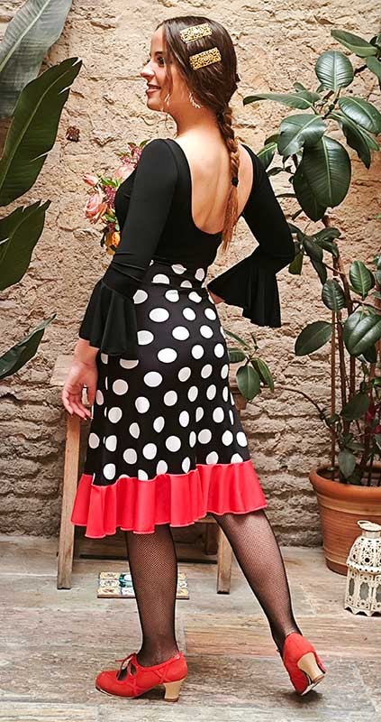 Short Black Flamenco Skirt with White Polka Dots and Red Ruffle