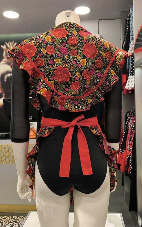 Conjunto delantal y mantoncillo flamenco granate y estampado de flores