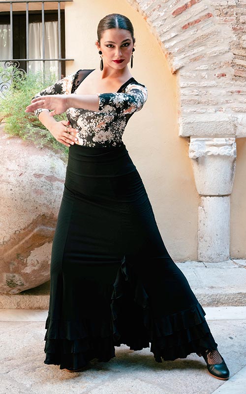 Black flamenco skirt with three ruffles and a side slit