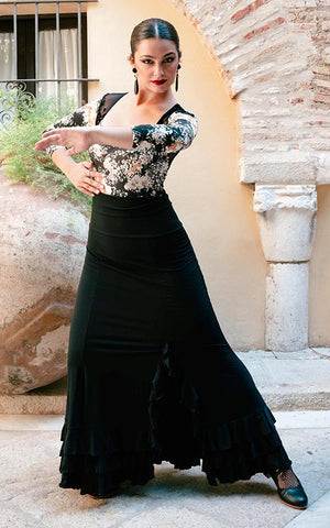 Black flamenco skirt with three ruffles and a side slit