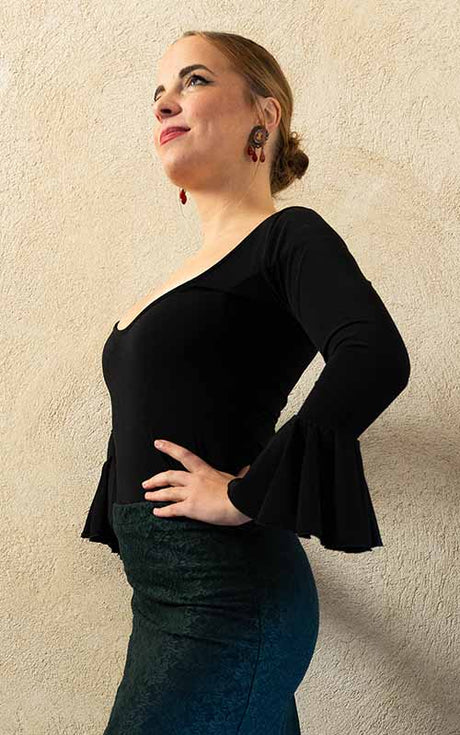 Black stretch knit flamenco top