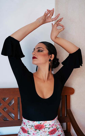 Black stretch knit flamenco top