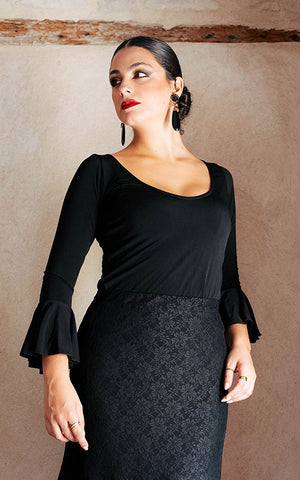 Black stretch knit flamenco top