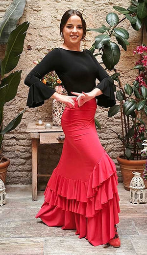 Falda Flamenco Roja 3 Volantes Entallada a Cadera