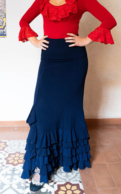 Falda flamenco azul marino con cinco volantes y apertura lateral