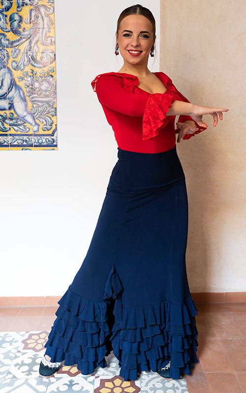 Falda flamenco azul marino con cinco volantes y apertura lateral