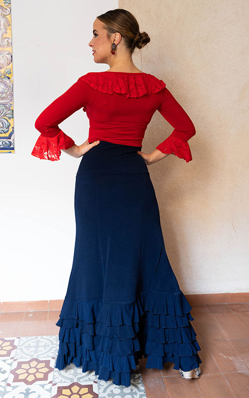 Falda flamenco azul marino con cinco volantes y apertura lateral