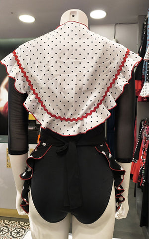 Conjunto delantal y mantoncillo flamenco negro y blanco con lunares