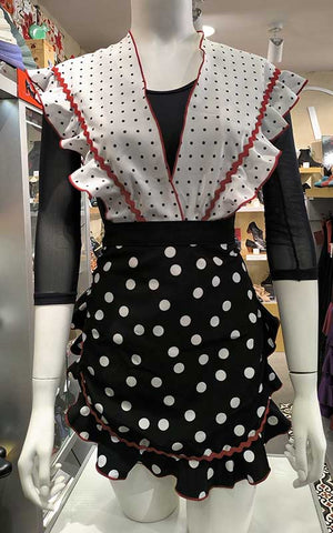 Conjunto delantal y mantoncillo flamenco negro y blanco con lunares