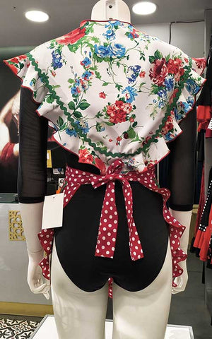 Flamenco apron and shawl set, red with white polka dots and colorful flowers