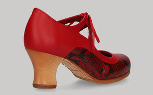 Zapato de baile flamenco profesional piel rojo y fantasía serpiente