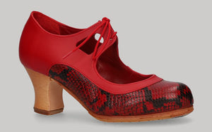 Zapato de baile flamenco profesional piel rojo y fantasía serpiente