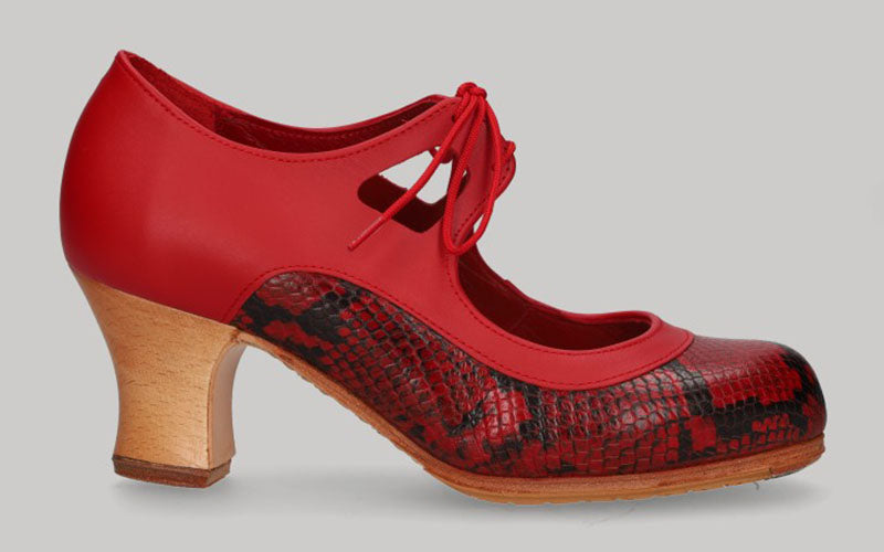 Professional flamenco dance shoe, red leather and snake print