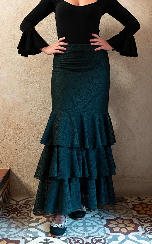 Falda flamenco de encaje verde botella con 3 volantes