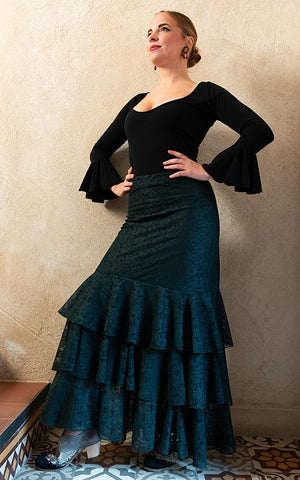 Falda flamenco de encaje verde botella con 3 volantes