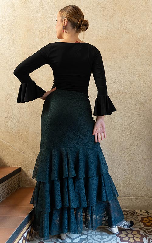 Falda flamenco de encaje verde botella con 3 volantes
