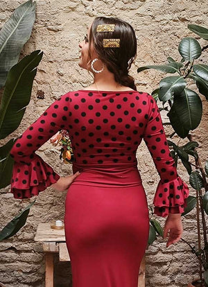 Maroon flamenco top with black polka dots