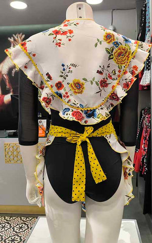 Ensemble tablier et châle flamenco jaune à imprimé floral