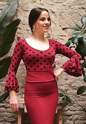 Maroon flamenco top with black polka dots