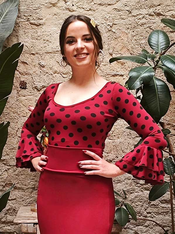 Maroon flamenco top with black polka dots