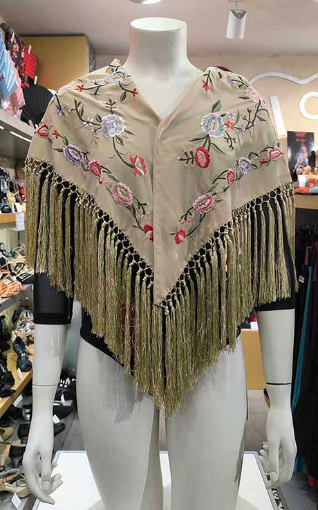Mantoncillo camel bordado con flores multicolor y rosas 140 cm.