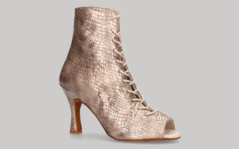 Zapato tipo botín para baile de salón en fantasía coco cobre con cordones y cierre lateral con cremallera