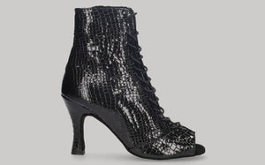 Zapato tipo botín para baile de salón negro con cordones y cierre lateral con cremallera