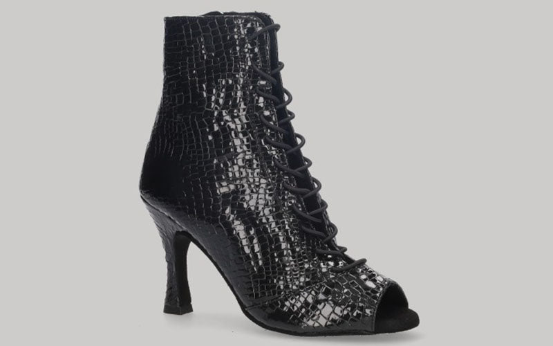 Zapato tipo botín para baile de salón negro con cordones y cierre lateral con cremallera