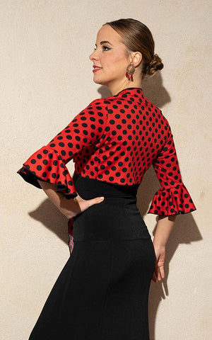 Cárdigan flamenco de punto elástico rojo con lunares negros
