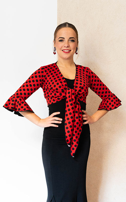 Cárdigan flamenco de punto elástico rojo con lunares negros