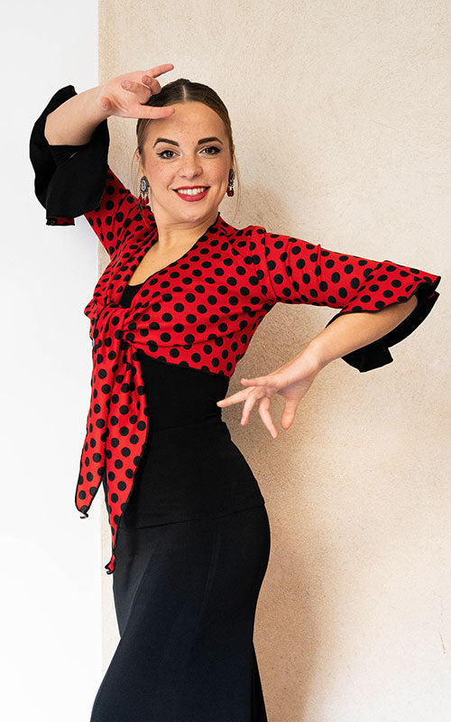 Cárdigan flamenco de punto elástico rojo con lunares negros