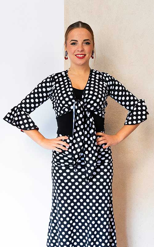 Cárdigan flamenco de punto elástico negro con lunares blancos