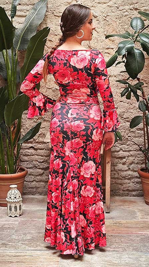 Falda Flamenco Victoria Estampada de Flores Fucsias