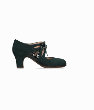 Zapato de baile flamenco profesional ante verde botella y adorno charol negro
